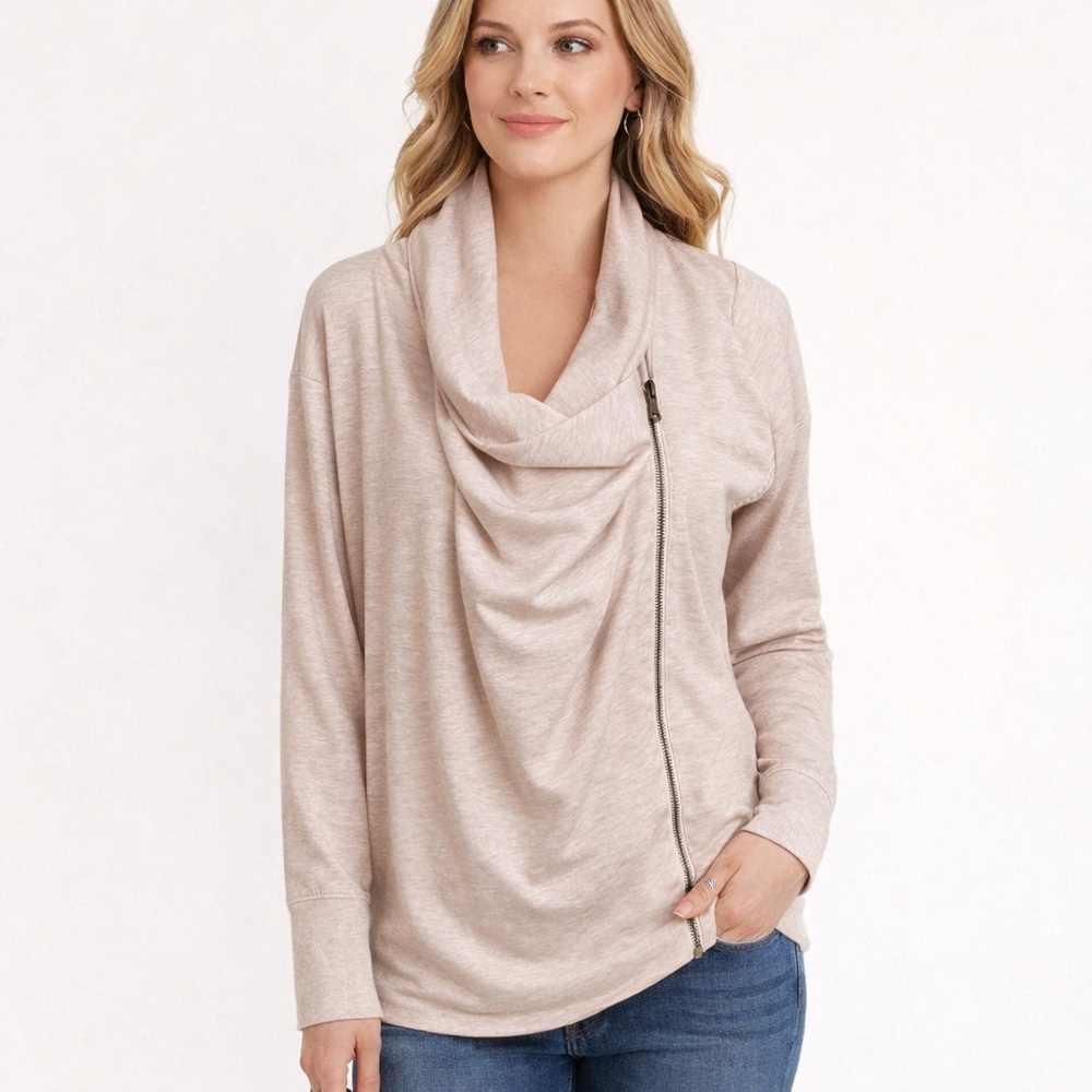 GNW‎ Cream Beige Cowl Neck Side Zip Ribbed Side Panels Soft Cozy Sweatshirt